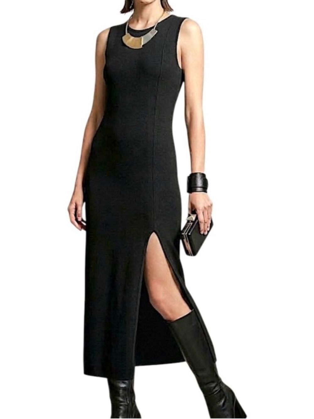 Max Studio merino wool blend minimalist black grey knit sleeveless maxi dress L
